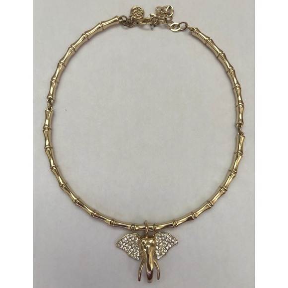 Lilly Pulitzer Bamboo Gold Elephant Necklace Rhinestones Choker Pendant Jewelry - Picture 1 of 6